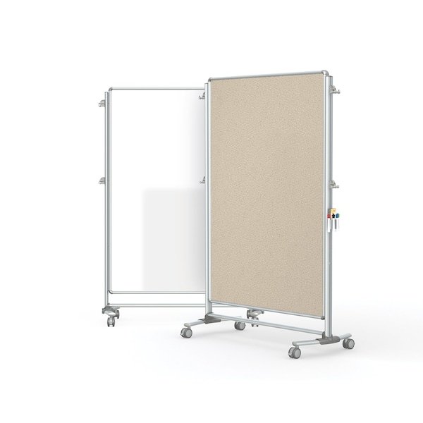 Partition Mobile 2-Sdd Prcln Whtbrd Mag/Fbrc Blltn Brd, 65"H x 46"W, Beig